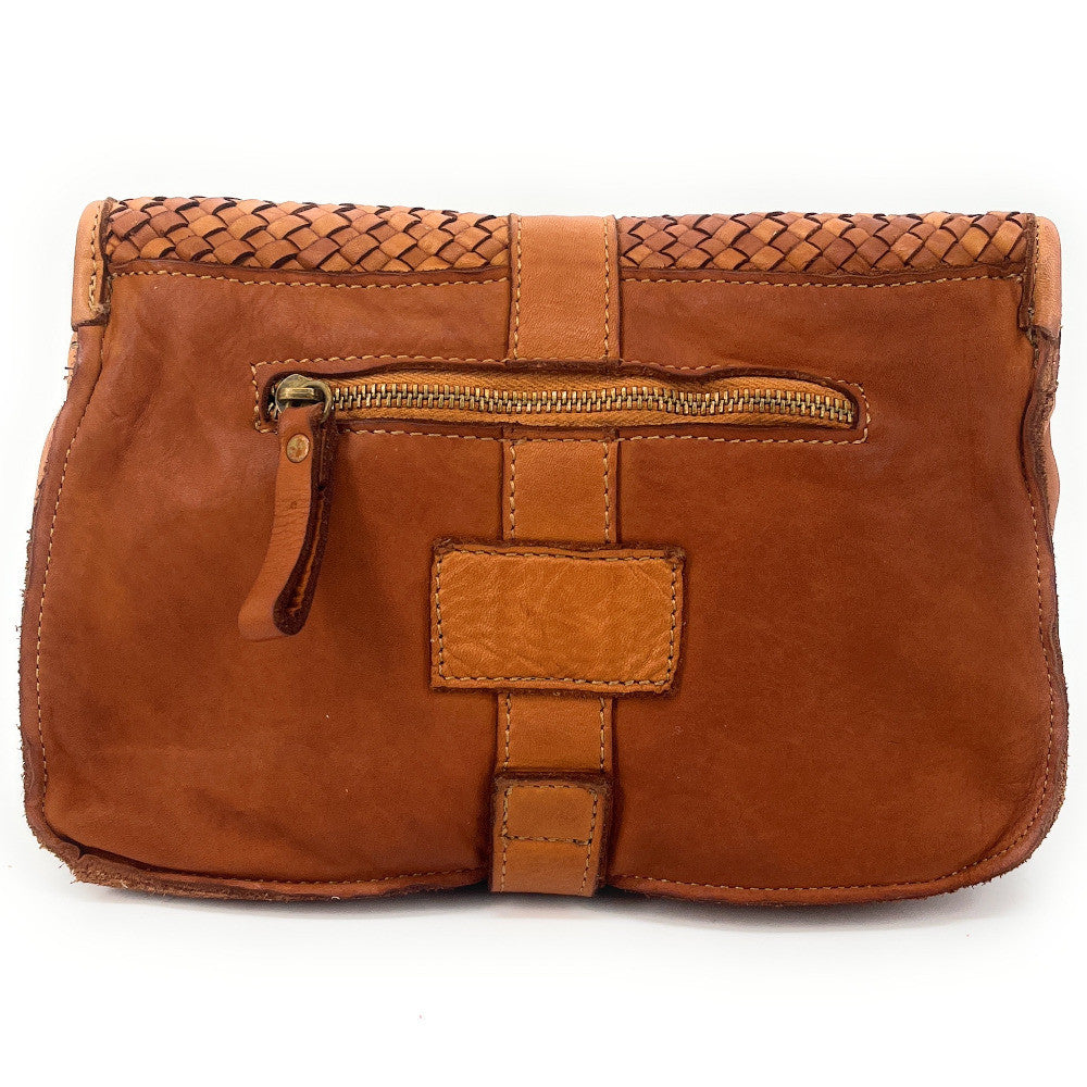 Sac besace à bandoulière en cuir tressé SHANNA Camel foncé