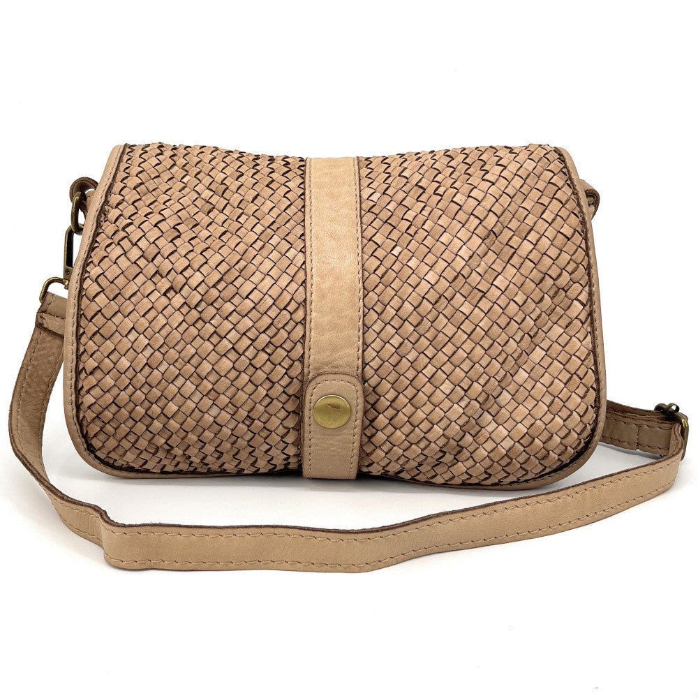 Sac besace à bandoulière en cuir tressé SHANNA Taupe clair