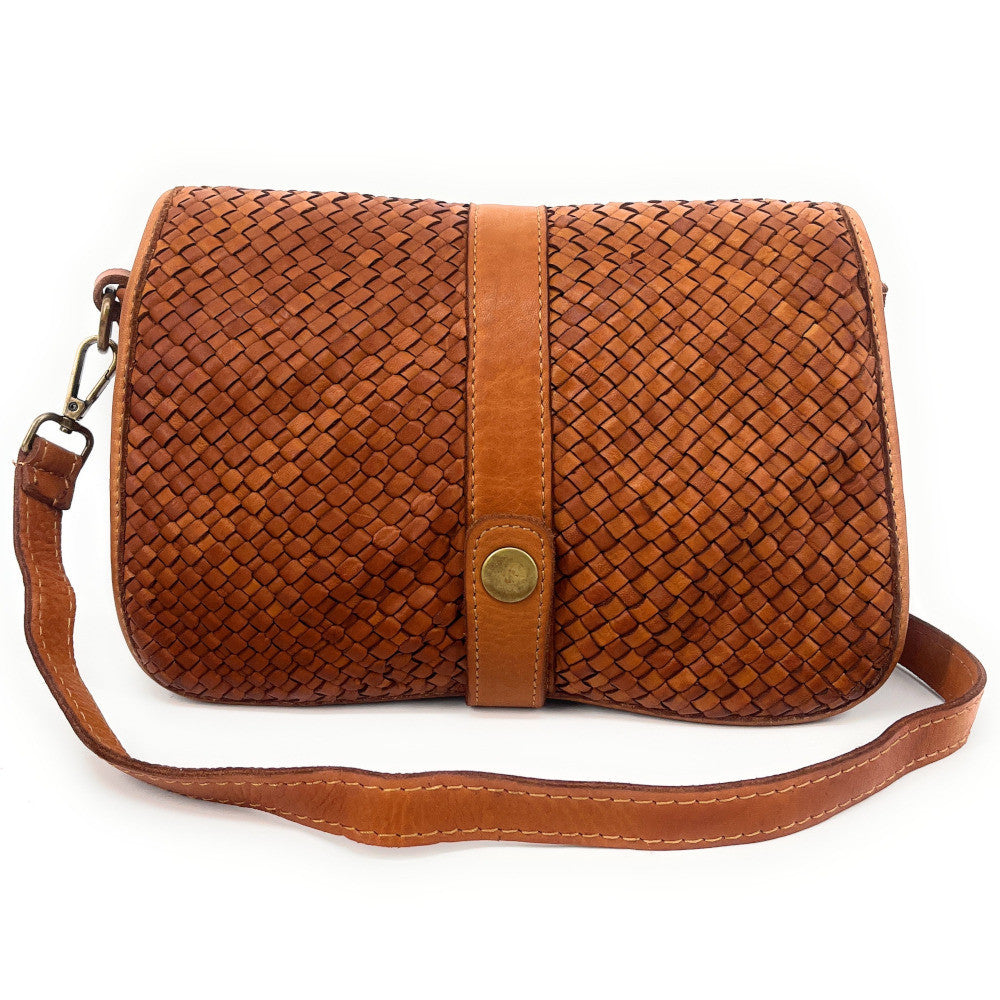 Sac besace à bandoulière en cuir tressé SHANNA Camel foncé