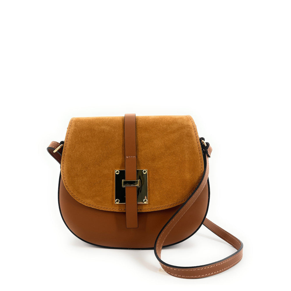 Mini-sac besace en cuir lisse et croûte de cuir MODELE H Camel foncé