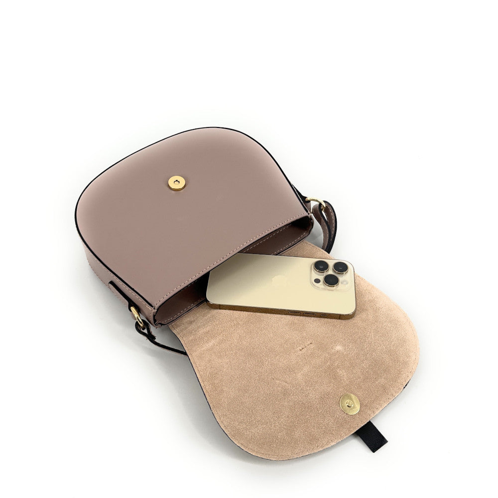 Mini-sac besace en cuir lisse et croûte de cuir MODELE H Taupe