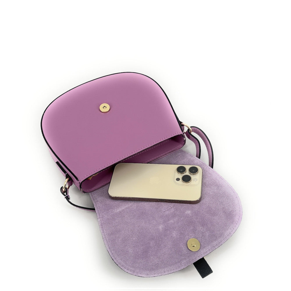 Mini-sac besace en cuir lisse et croûte de cuir MODELE H Rose orchidée