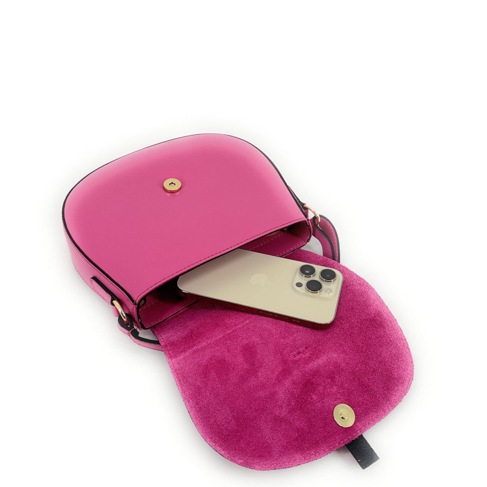 Mini-sac besace en cuir lisse et croûte de cuir MODELE H Rose fuchsia