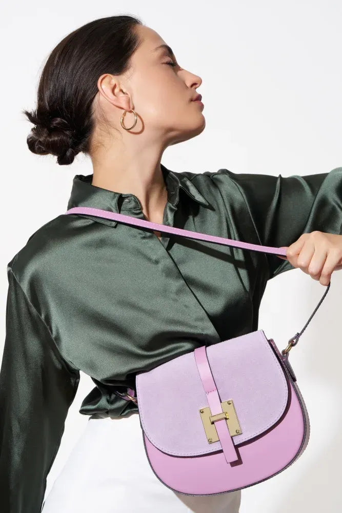 Mini-sac besace en cuir lisse et croûte de cuir MODELE H Rose orchidée