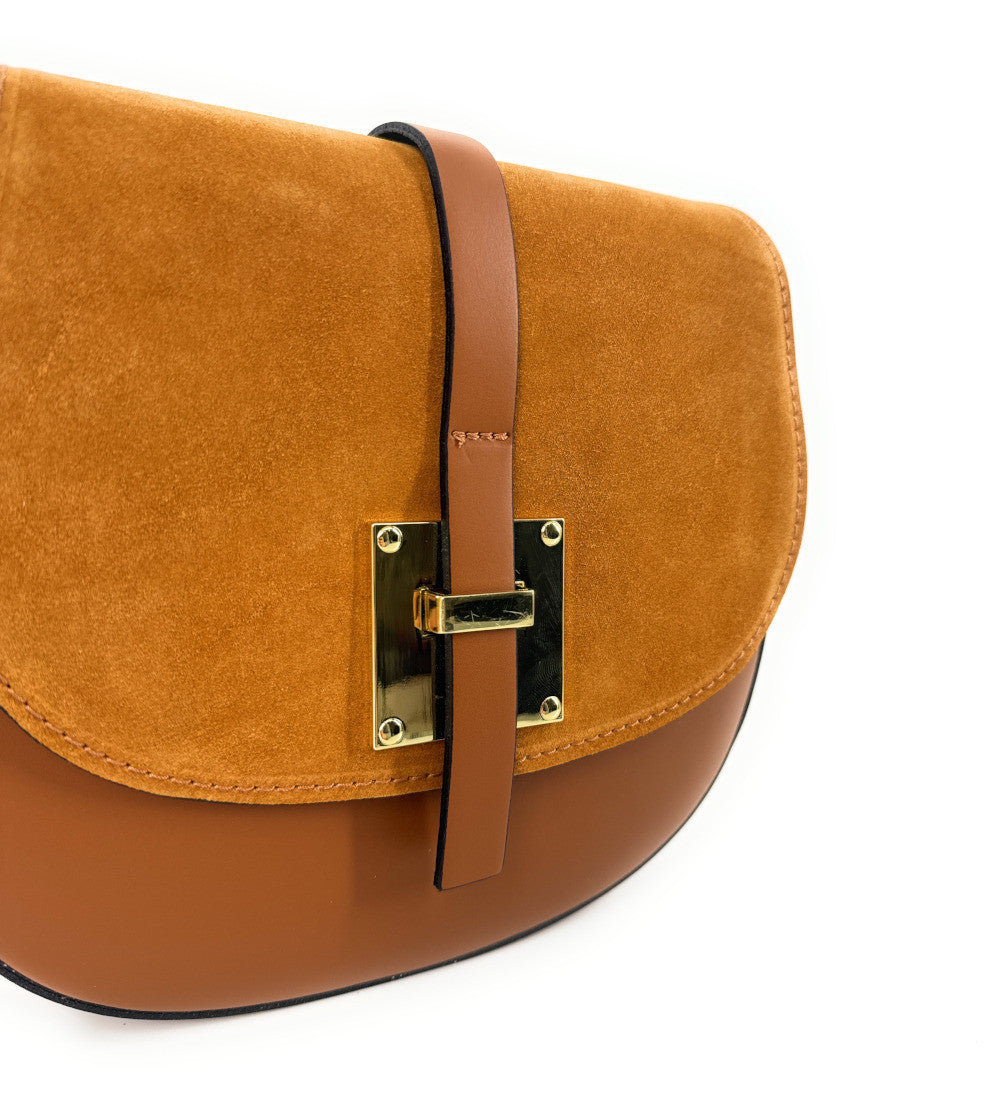 Mini-sac besace en cuir lisse et croûte de cuir MODELE H Camel foncé
