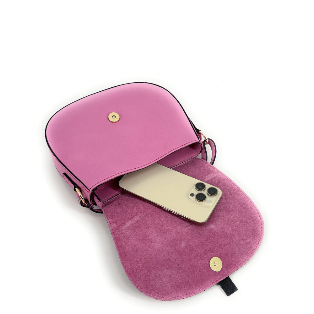 Mini-sac besace en cuir lisse et croûte de cuir MODELE H Rose intense