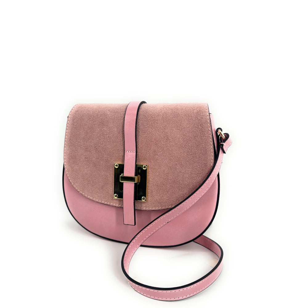 Mini-sac besace en cuir lisse et croûte de cuir MODELE H Rose bonbon