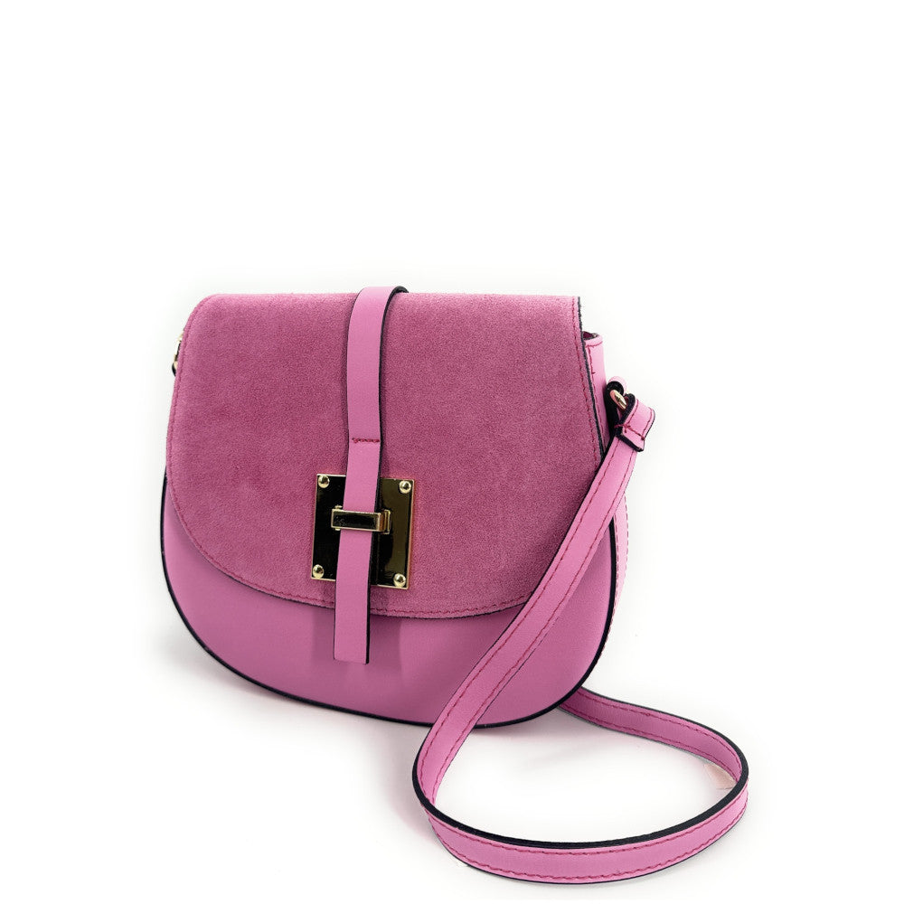 Mini-sac besace en cuir lisse et croûte de cuir MODELE H Rose intense