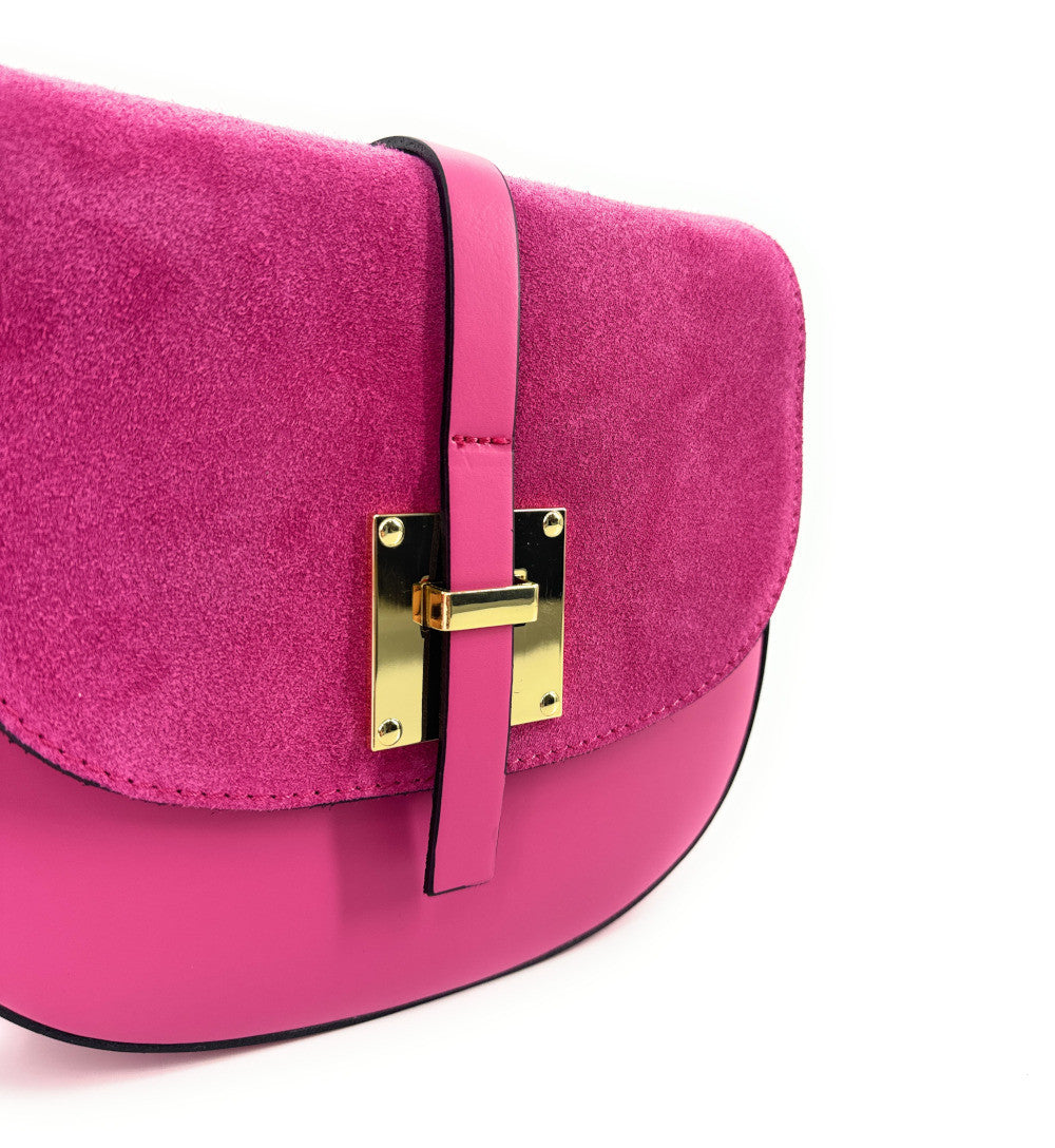 Mini-sac besace en cuir lisse et croûte de cuir MODELE H Rose fuchsia
