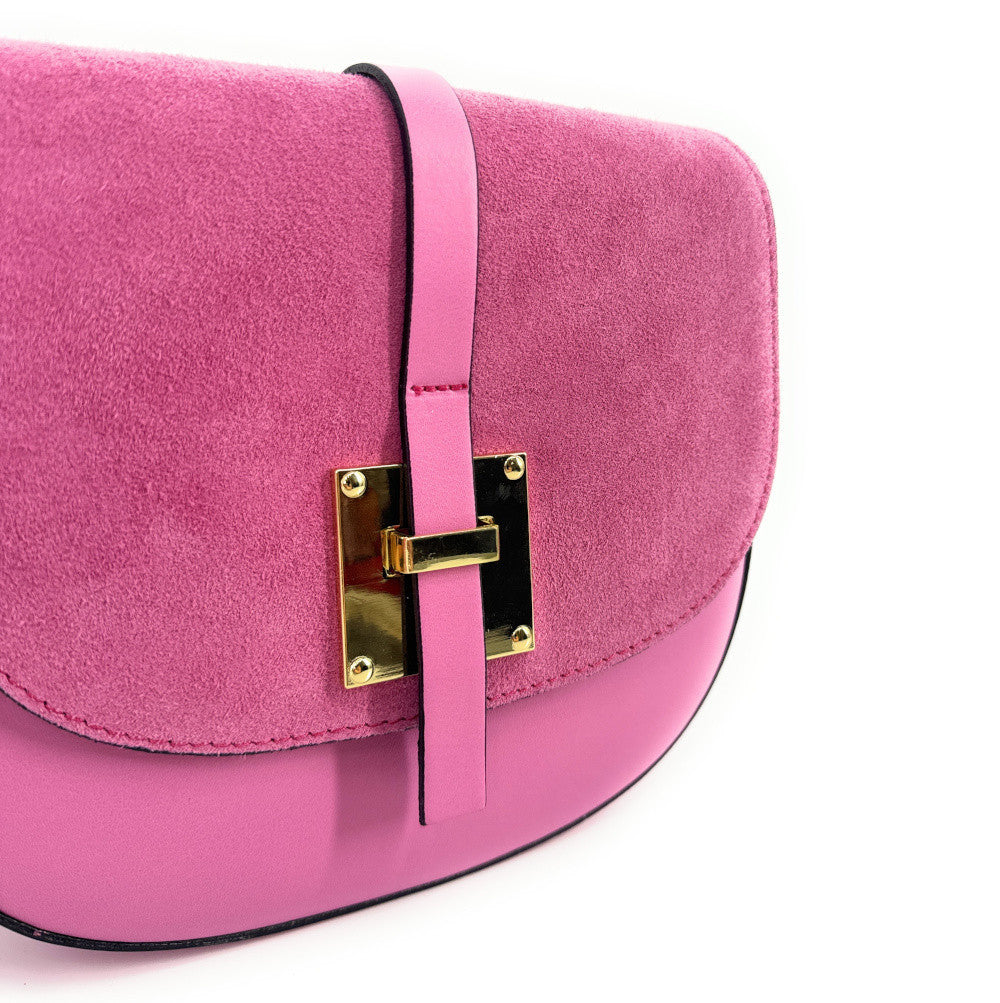 Mini-sac besace en cuir lisse et croûte de cuir MODELE H Rose intense