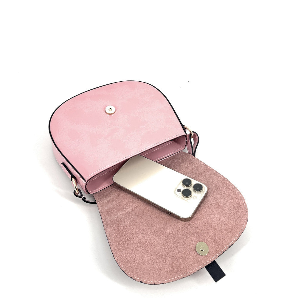 Mini-sac besace en cuir lisse et croûte de cuir MODELE H Rose bonbon