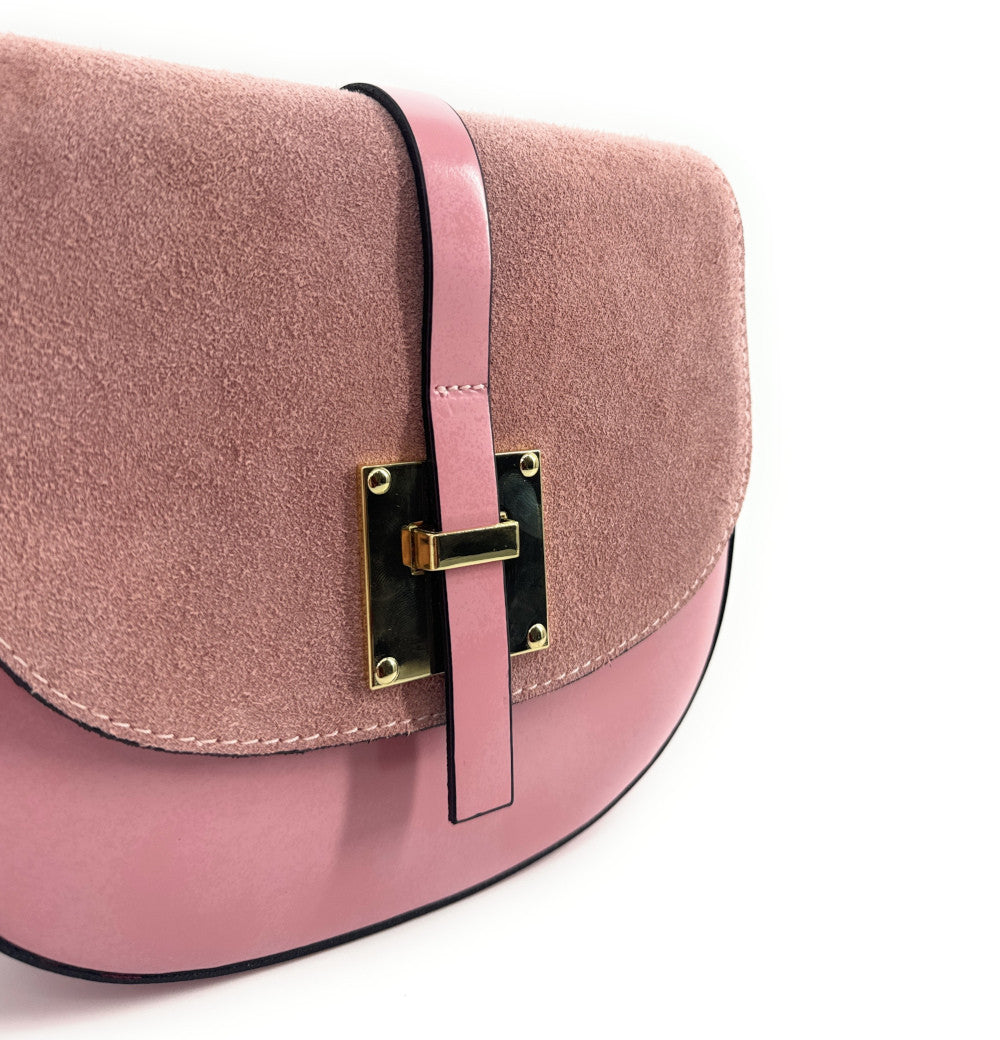 Mini-sac besace en cuir lisse et croûte de cuir MODELE H Rose bonbon