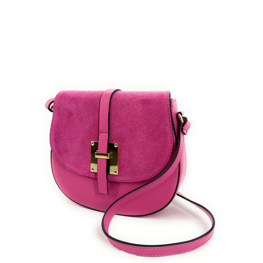 Mini-sac besace en cuir lisse et croûte de cuir MODELE H Rose fuchsia