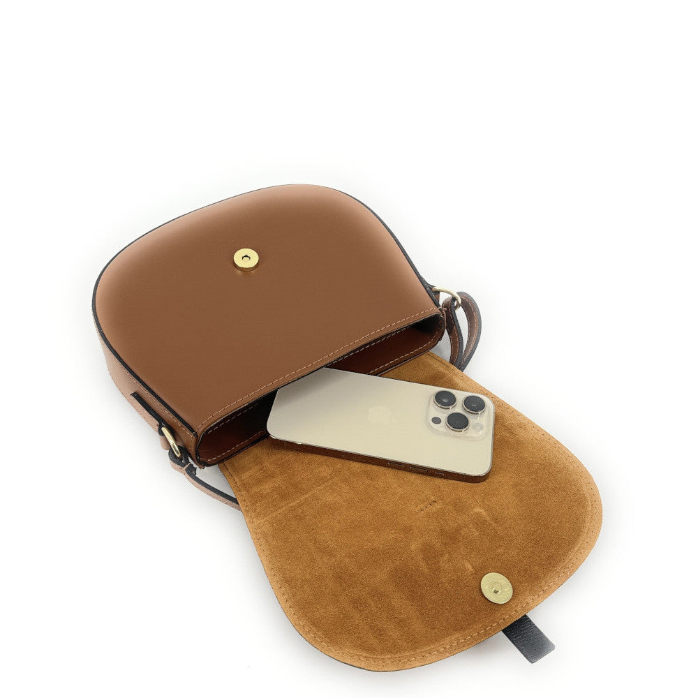 Mini-sac besace en cuir lisse et croûte de cuir MODELE H Camel foncé