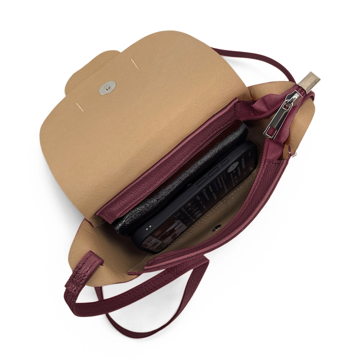 Mini-Kuriertasche aus genarbtem Leder LOLLY in Pflaume