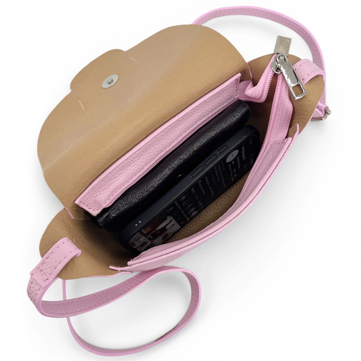 Mini-Kuriertasche aus genarbtem Leder LOLLY Pastellrosa