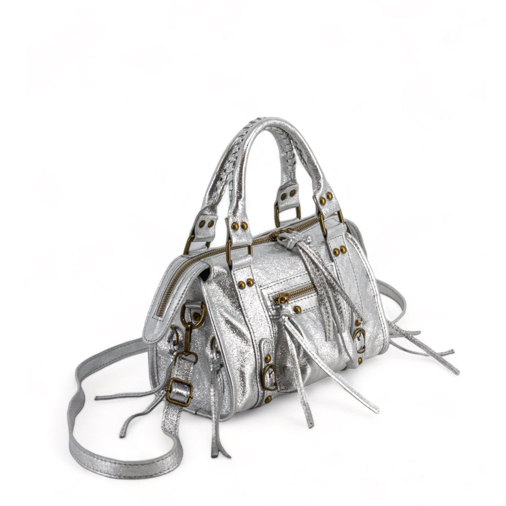 Mini-sac bowling en cuir brossé ou irisé SANDSTORM MINI Argent clair