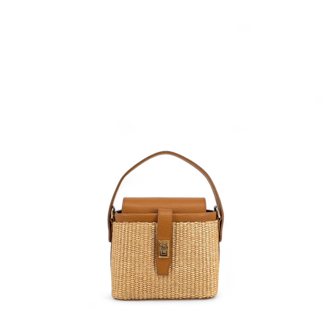 Mini-sac à main en cuir et raphia SIENNA Marron camel foncé
