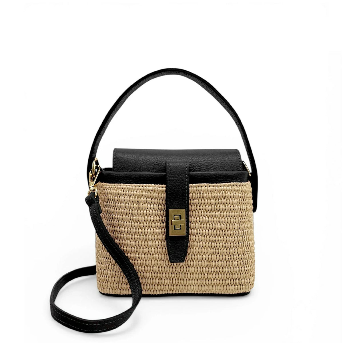 Minibolso de mano de piel y rafia SIENNA negro