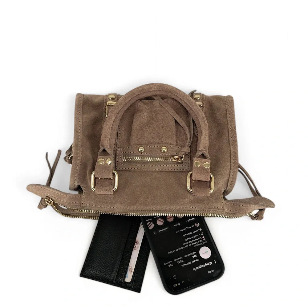 Mini-sac en croûte de cuir STORM SUEDE NANO Taupe foncé