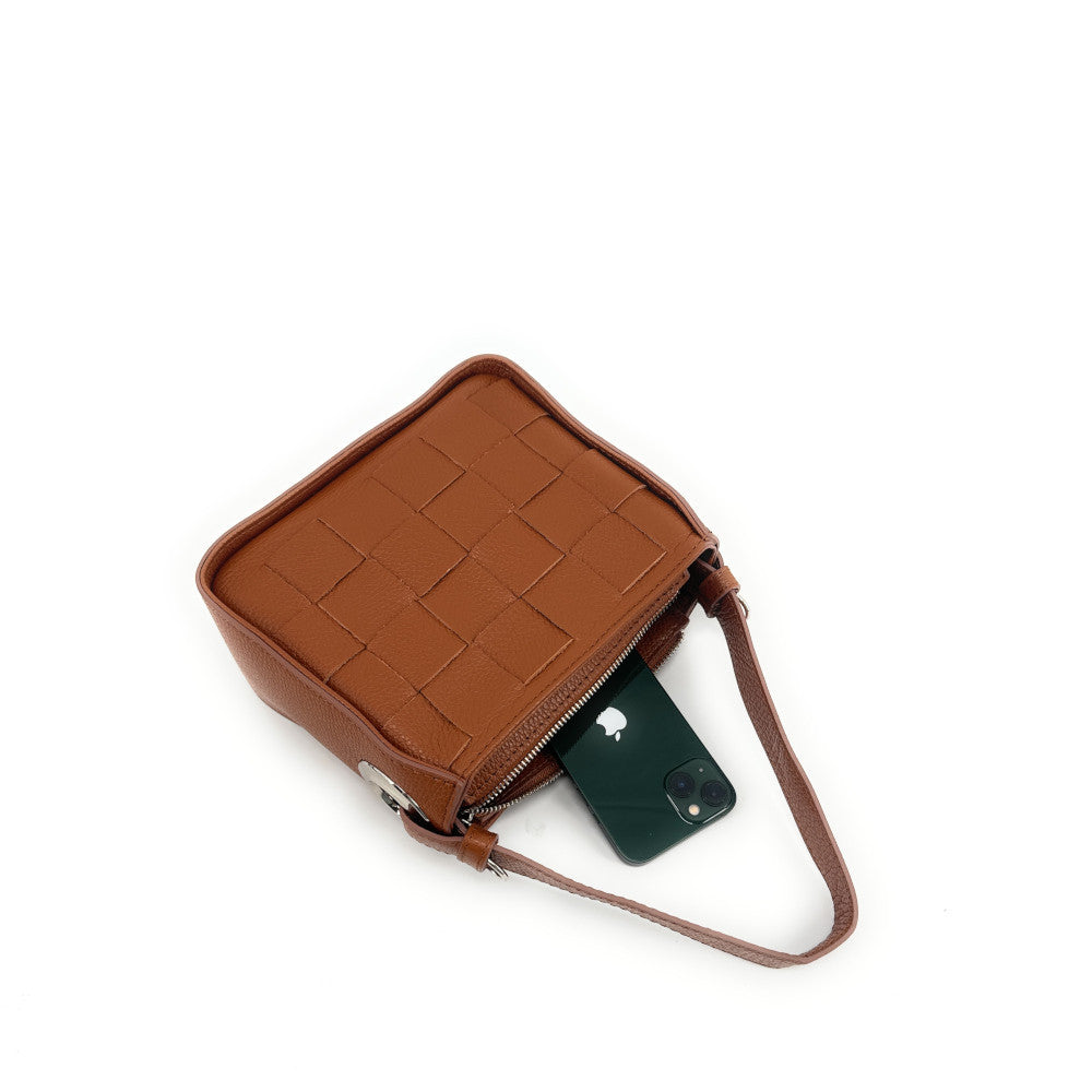 Sac en cuir grainé tressé CHESSY Camel foncé