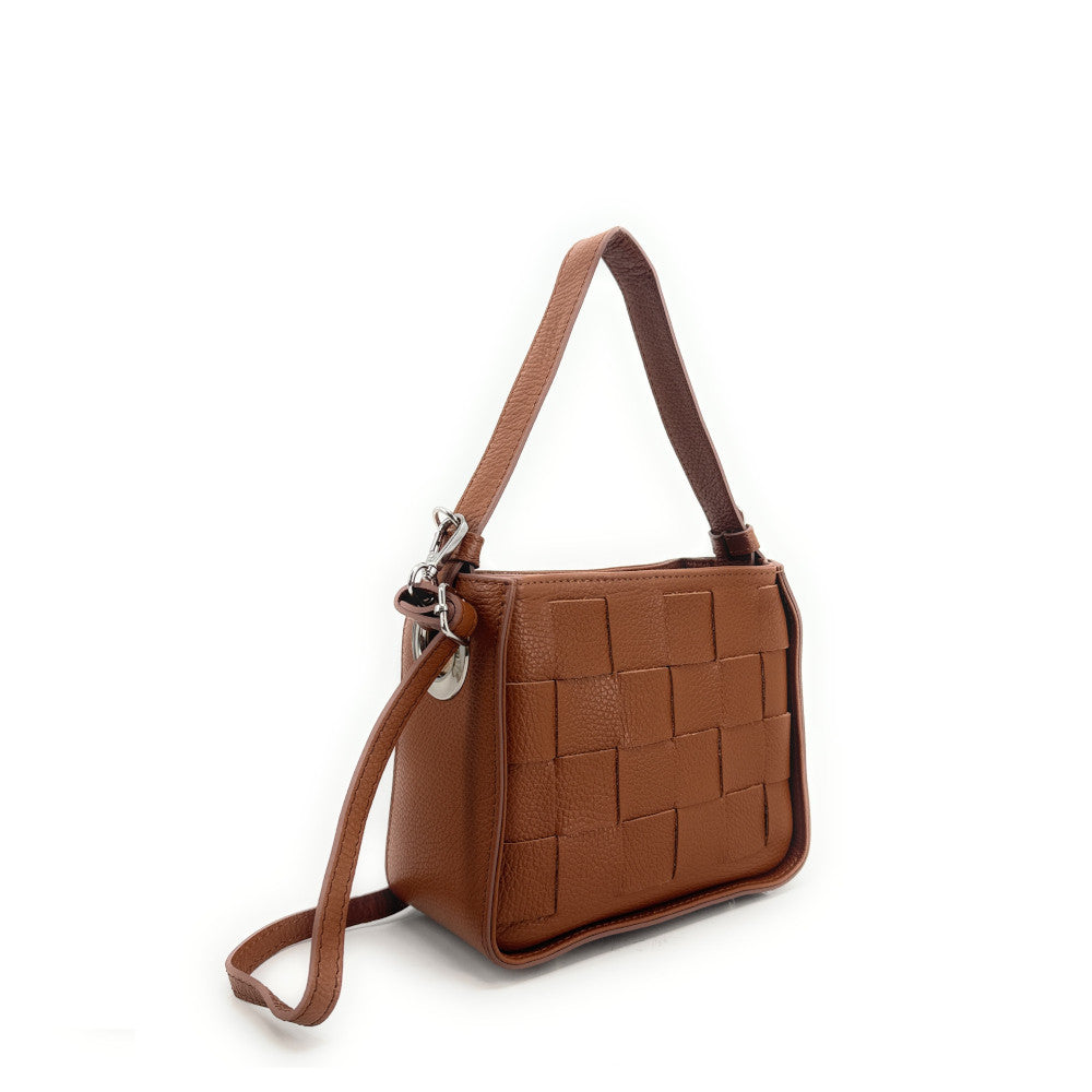 Sac en cuir grainé tressé CHESSY Camel foncé