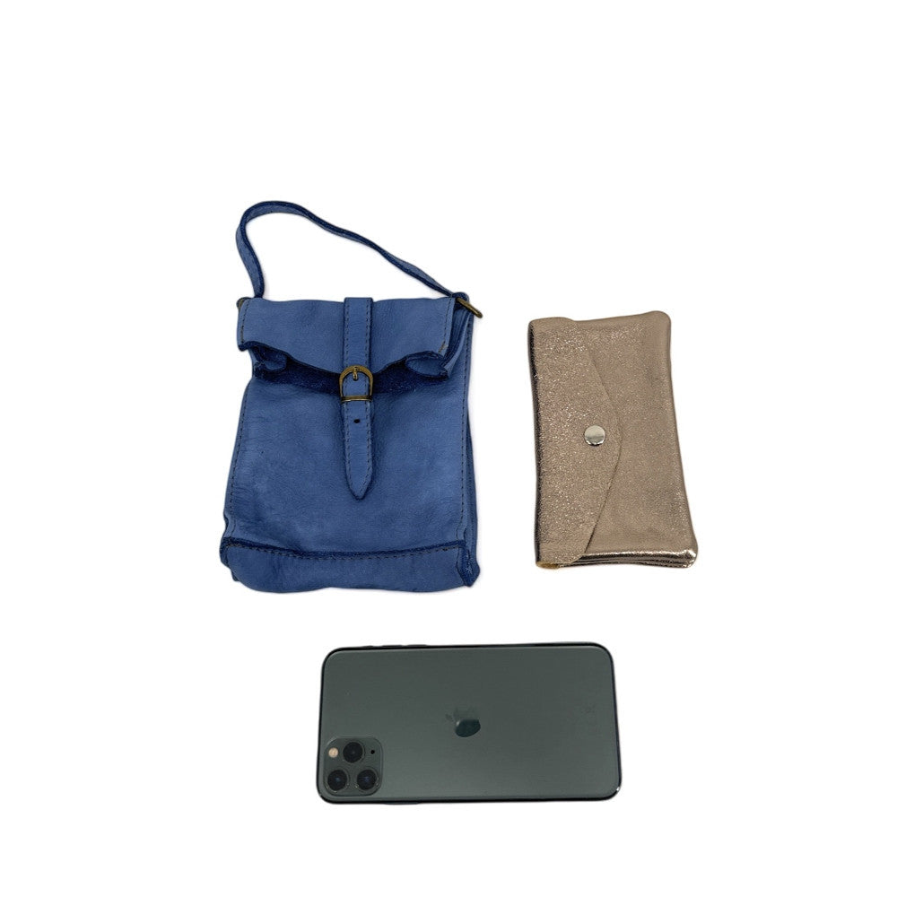 Mini-sac pochette bandoulière en cuir vintage OHM Bleu denim