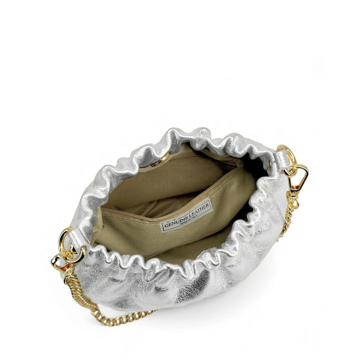 Bolso pouch de piel tornasolada LA POUCHINETTE plateado claro