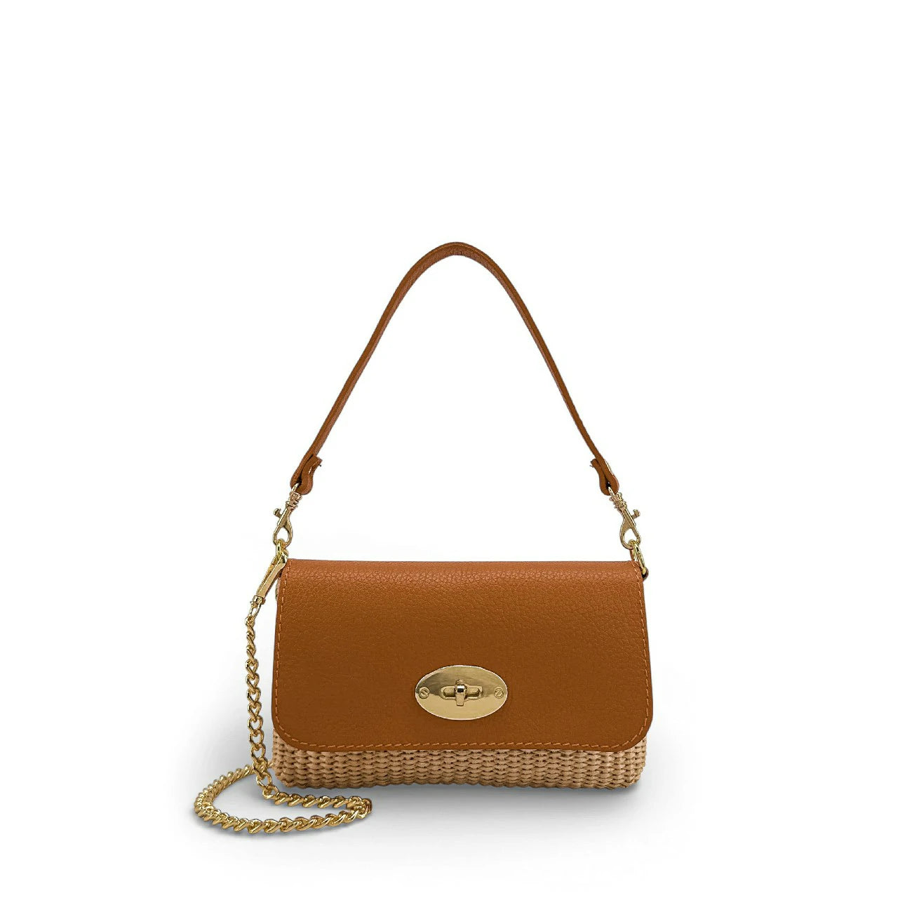 Mini sac en cuir grainé et Raphia BAHIA Camel foncé
