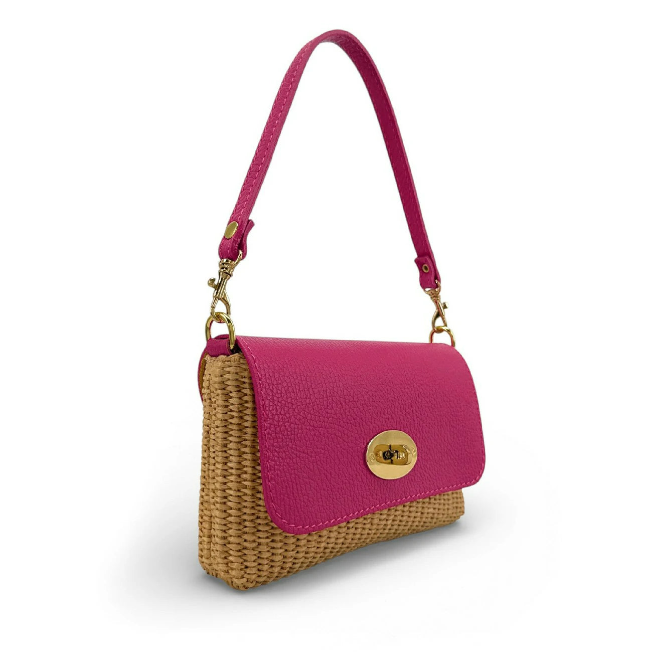 Mini sac en cuir grainé et Raphia BAHIA Rose fuchsia