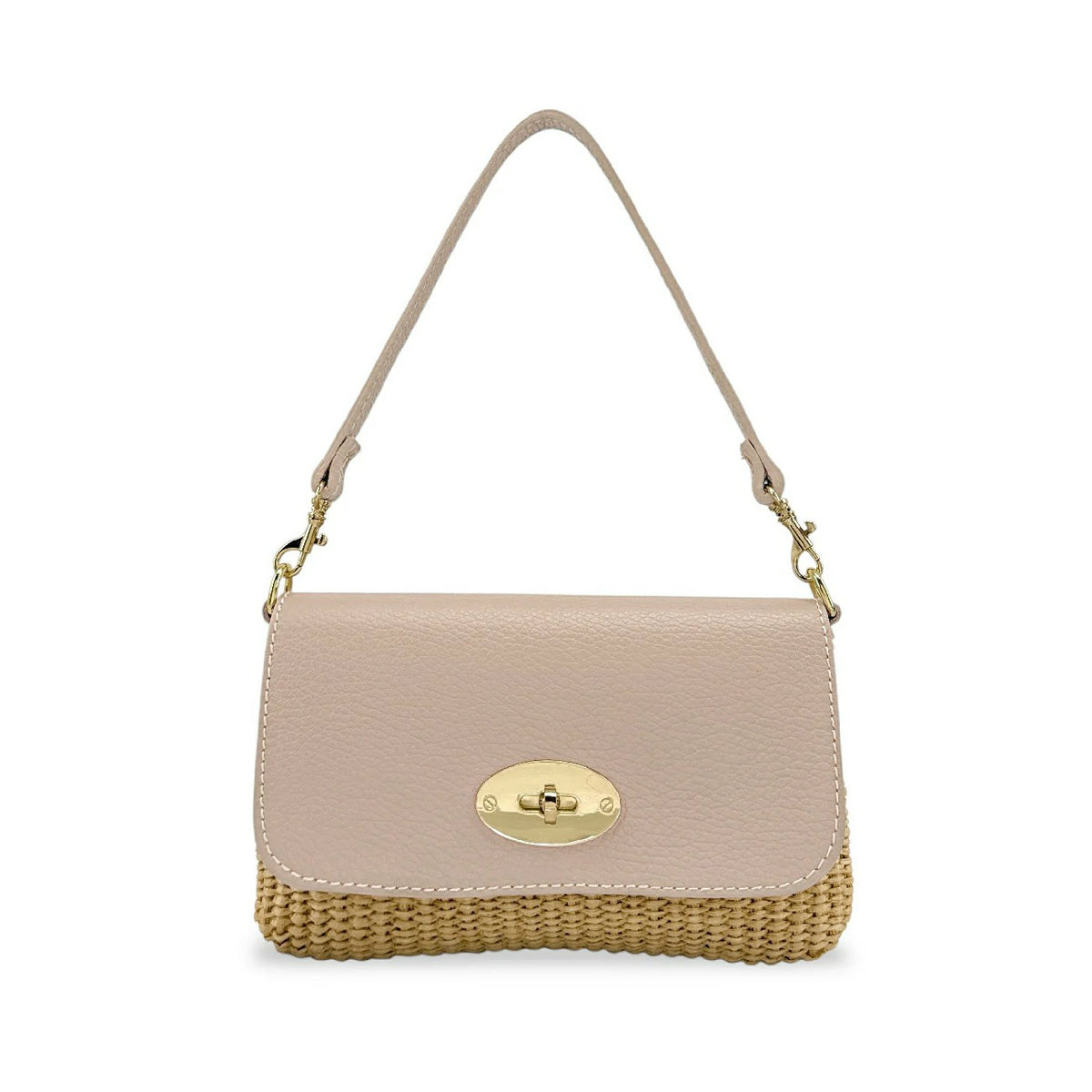 Mini-Tasche aus genarbtem Leder und Raffia BAHIA Nude-Rosa
