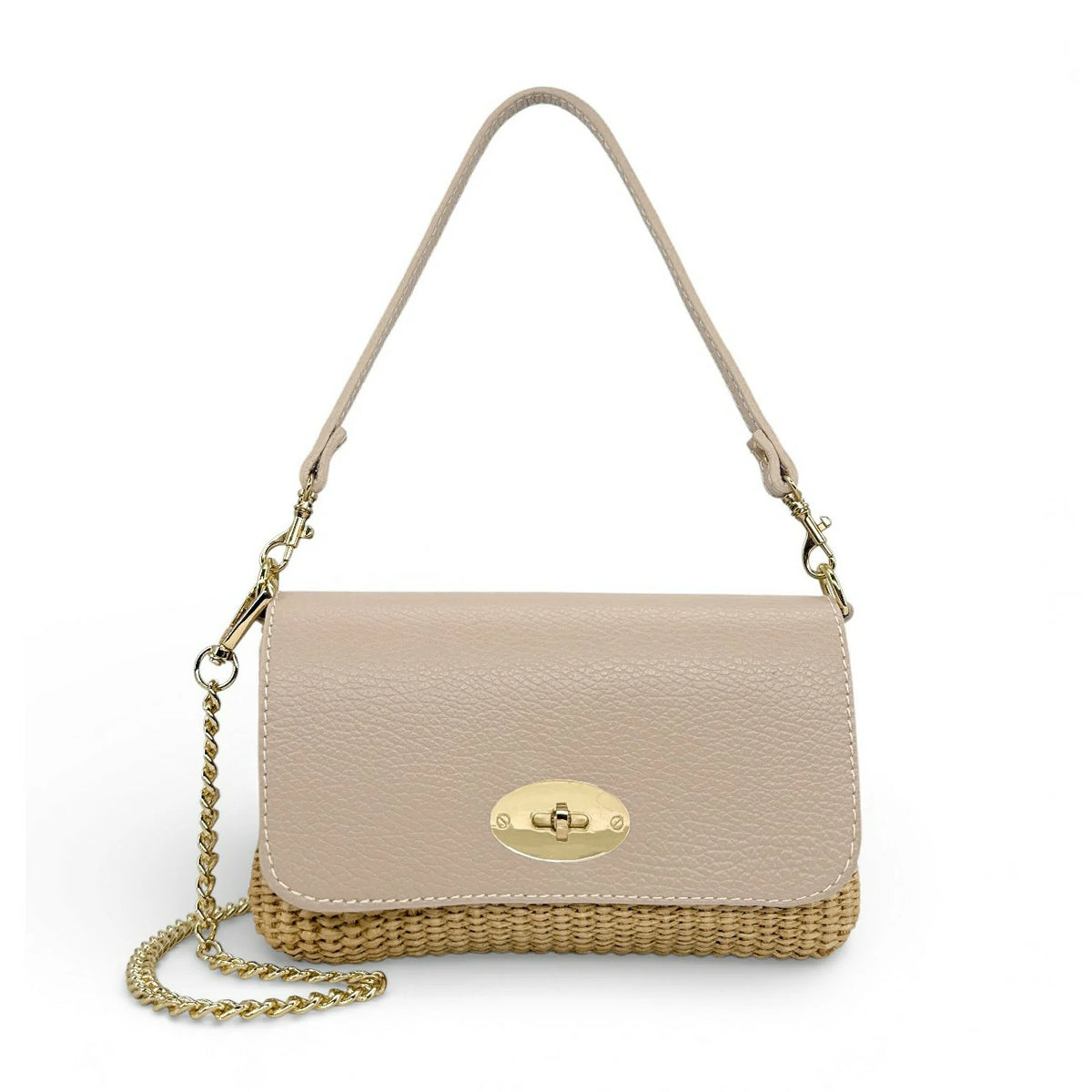 Mini-Tasche aus genarbtem Leder und Raffia BAHIA Nude-Rosa