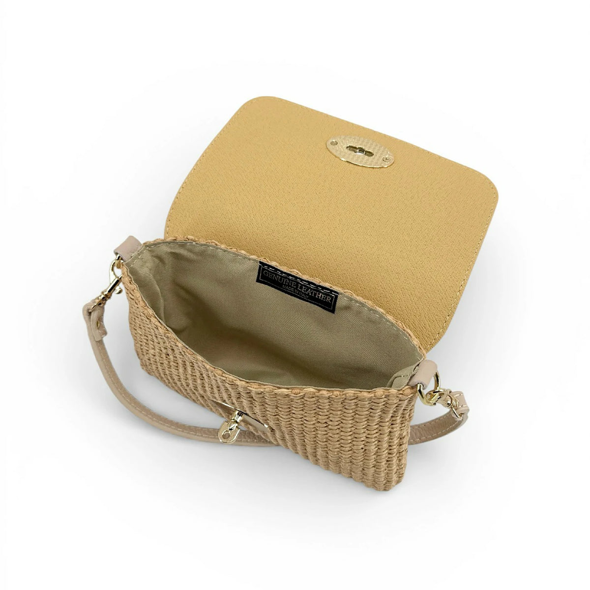 Mini-Tasche aus genarbtem Leder und Raffia BAHIA Nude-Rosa