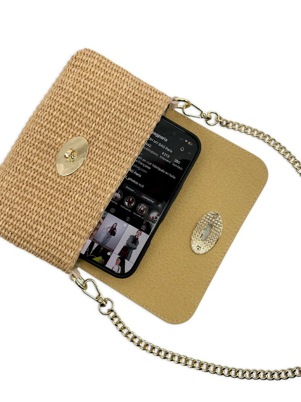 Mini-Tasche aus genarbtem Leder und Raffia BAHIA Nude-Rosa