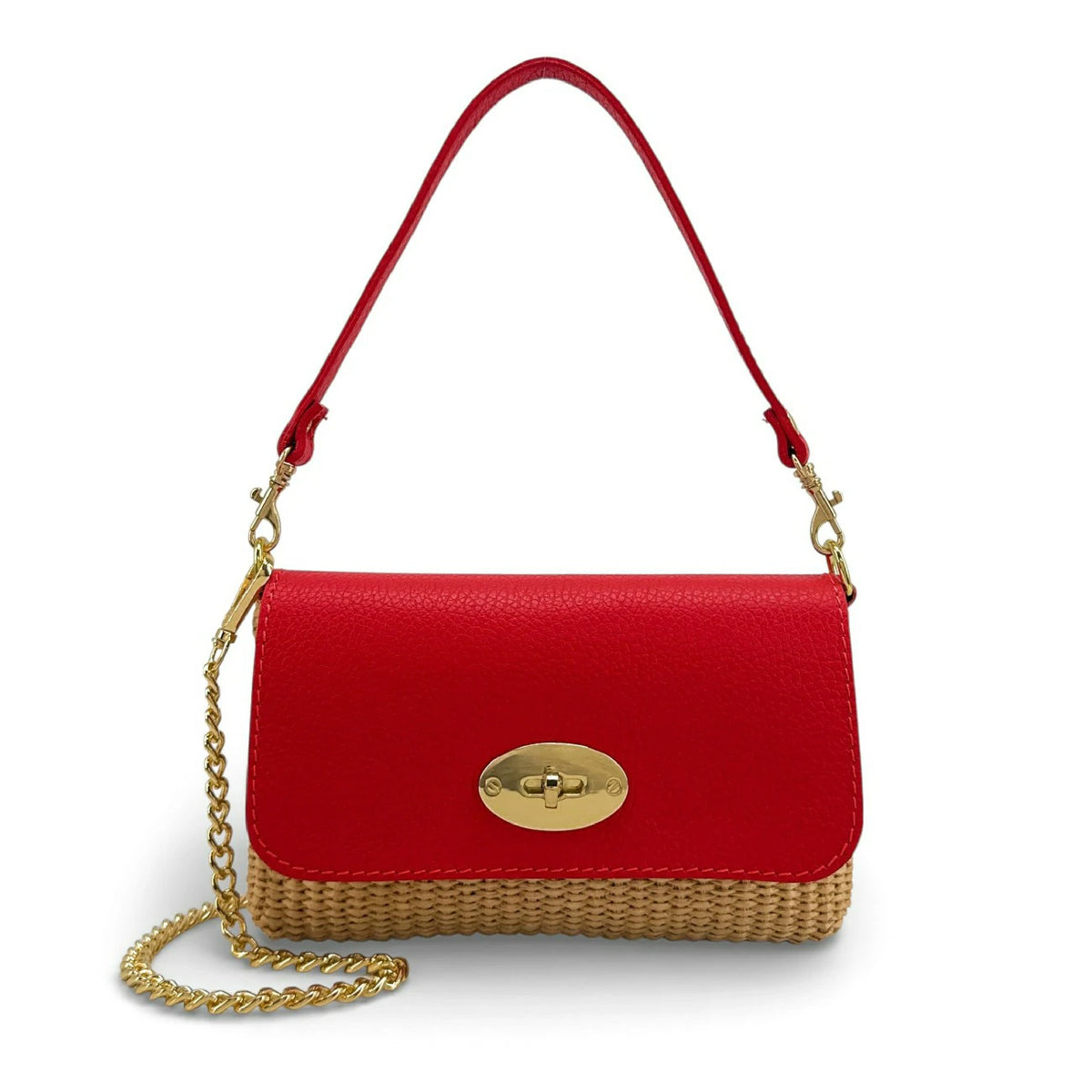 Mini-Tasche aus genarbtem Leder und Raphia BAHIA Krapprot