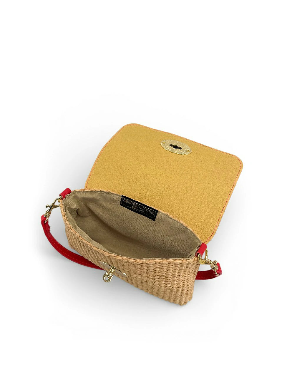 Mini-Tasche aus genarbtem Leder und Raphia BAHIA Krapprot