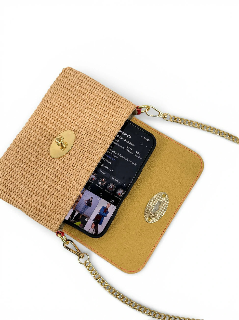 Mini-Tasche aus genarbtem Leder und Raphia BAHIA Krapprot