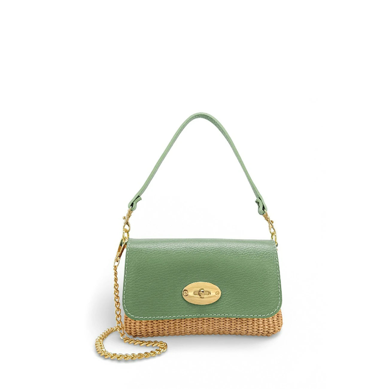 Mini sac en cuir grainé et Raphia BAHIA Matcha latte