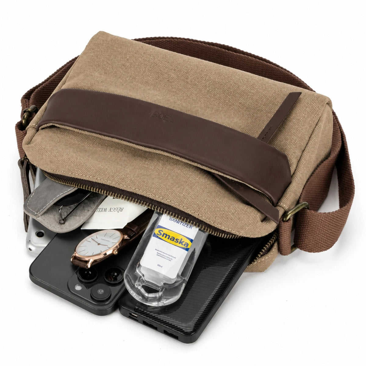 Umhängetasche aus Canvas und Leder GARIBALDI Dunkelbeige