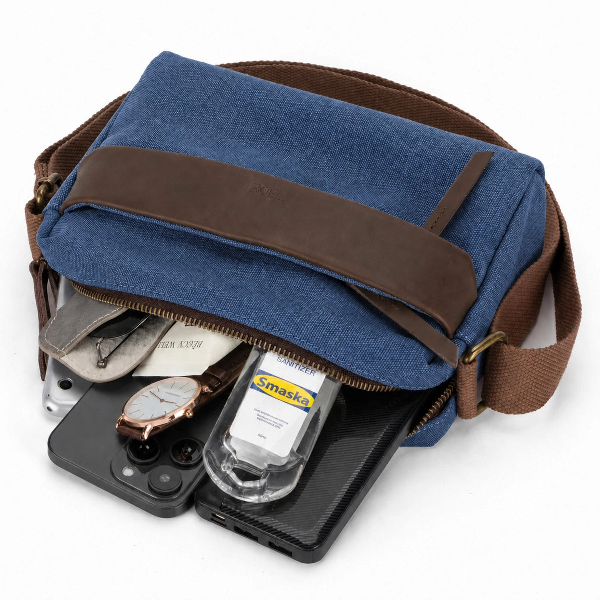 Umhängetasche aus Canvas und Leder GARIBALDI Denimblau