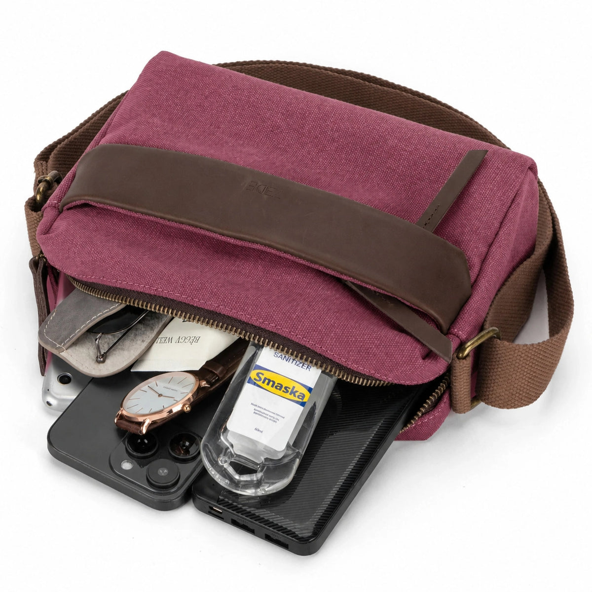 Umhängetasche aus Canvas und Leder GARIBALDI Bordeauxrot
