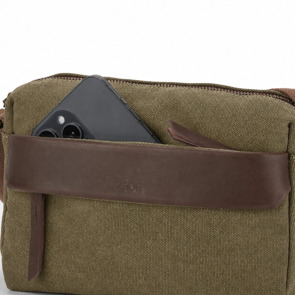 Umhängetasche aus Canvas und Leder GARIBALDI Olivgrün