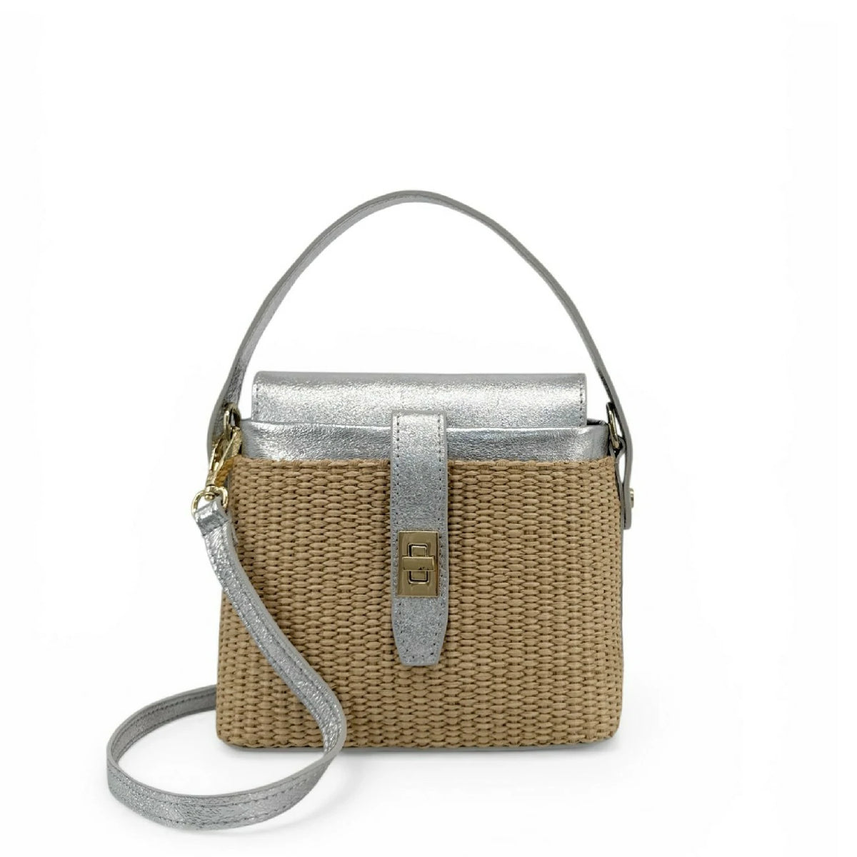 Mini-borsa a mano in pelle e rafia SIENNA Argento medio