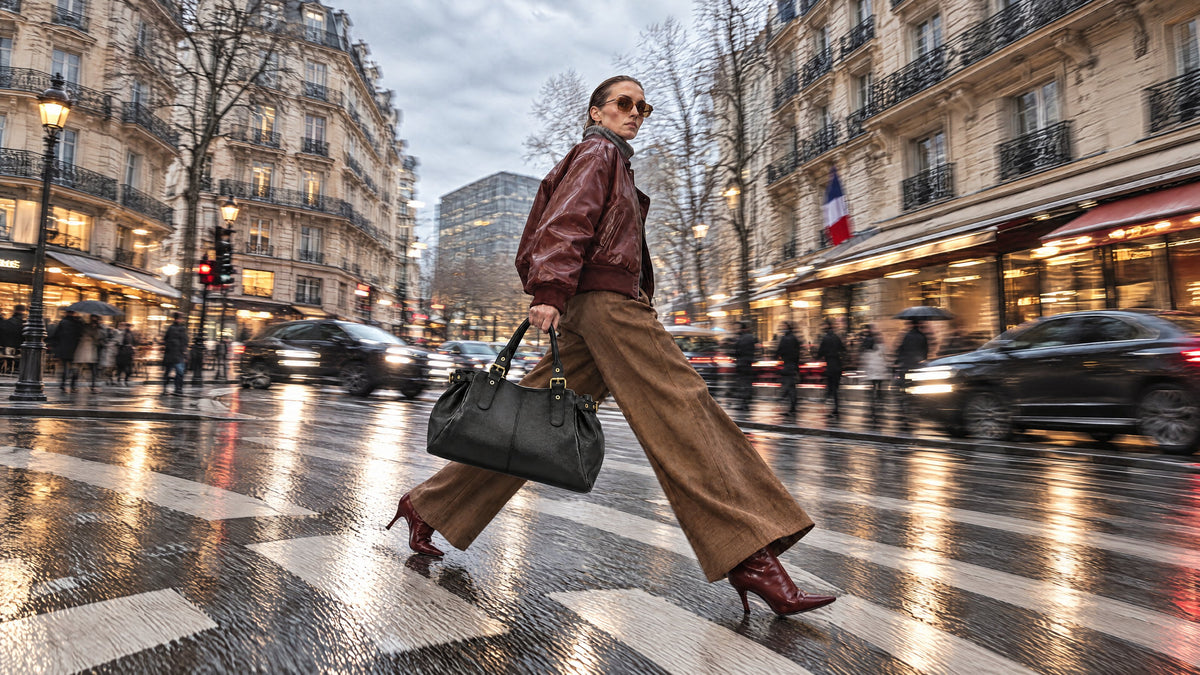 Femme qui traverse un boulevard parisien sous la pluie avec le sac New Princess XL en cuir irisé noir