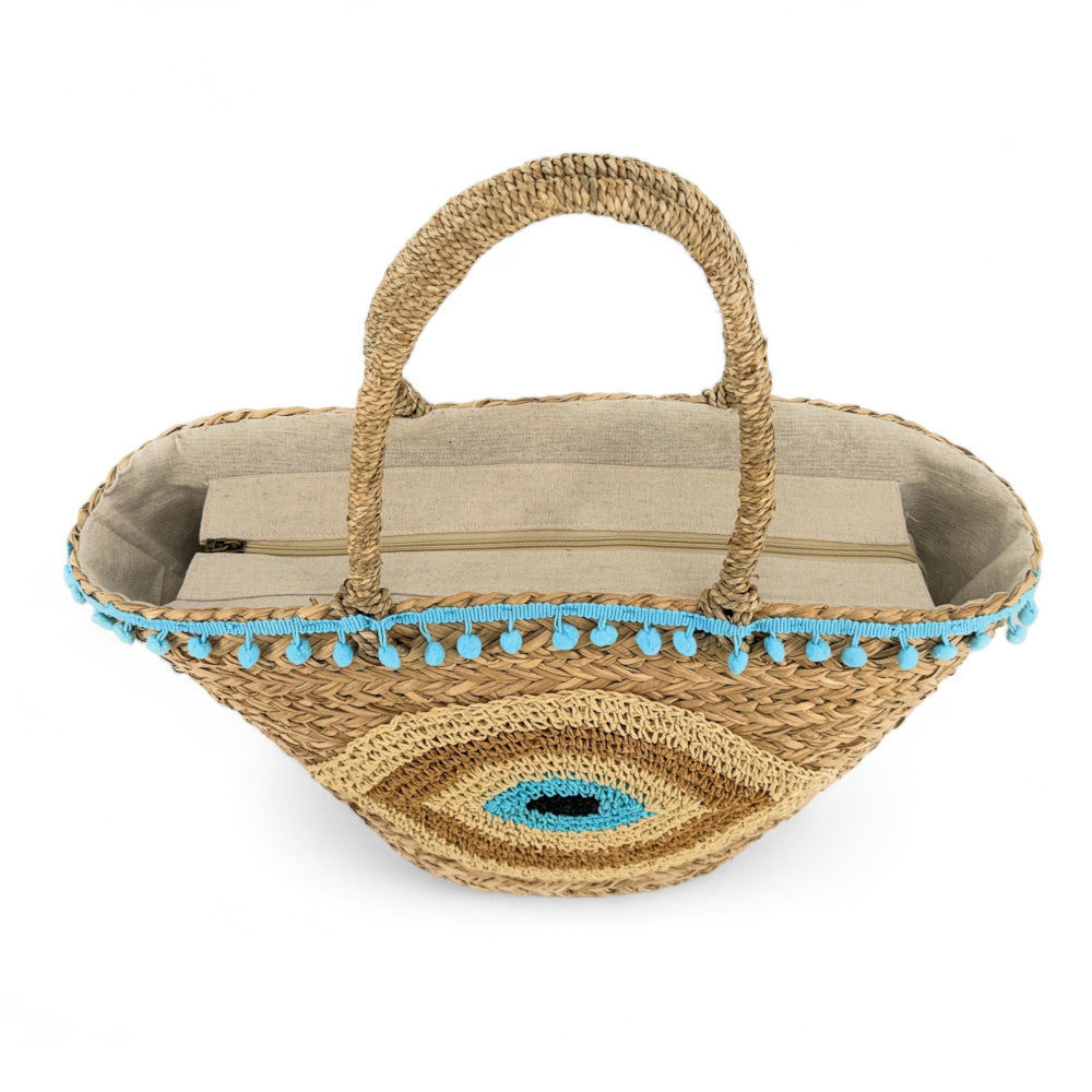 Panier en paille et broderies MATI Bleu turquoise