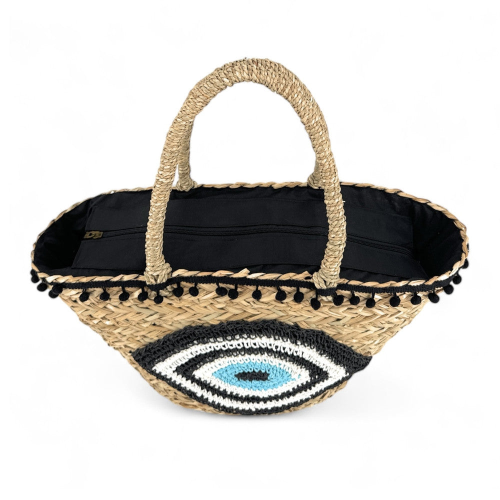 Panier en paille et broderies MATI Noir