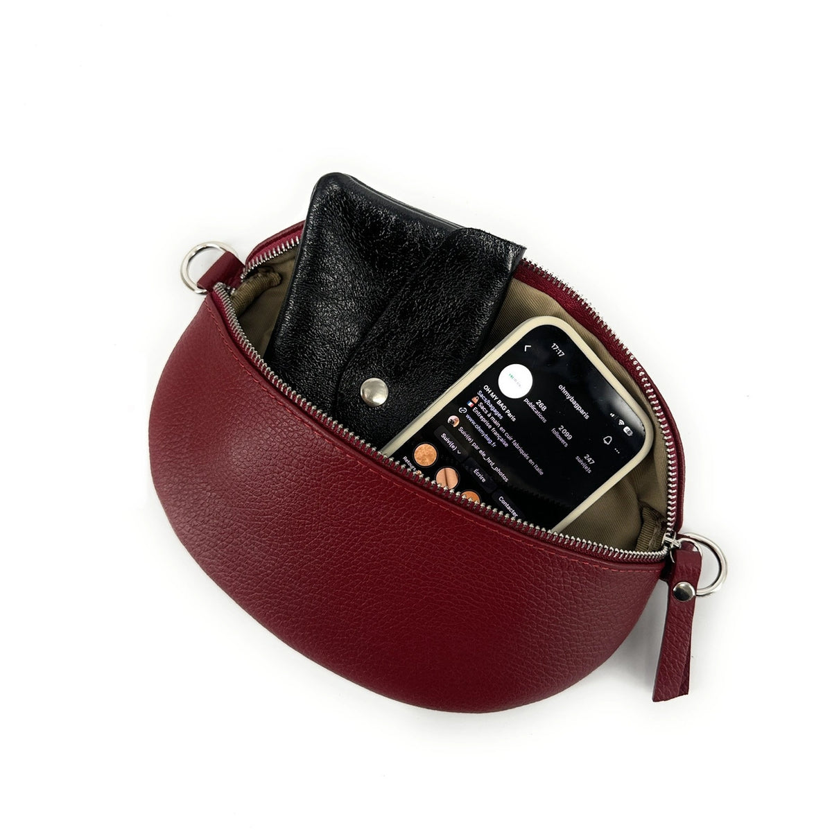 Grained leather banana bag LOU Bordeaux red