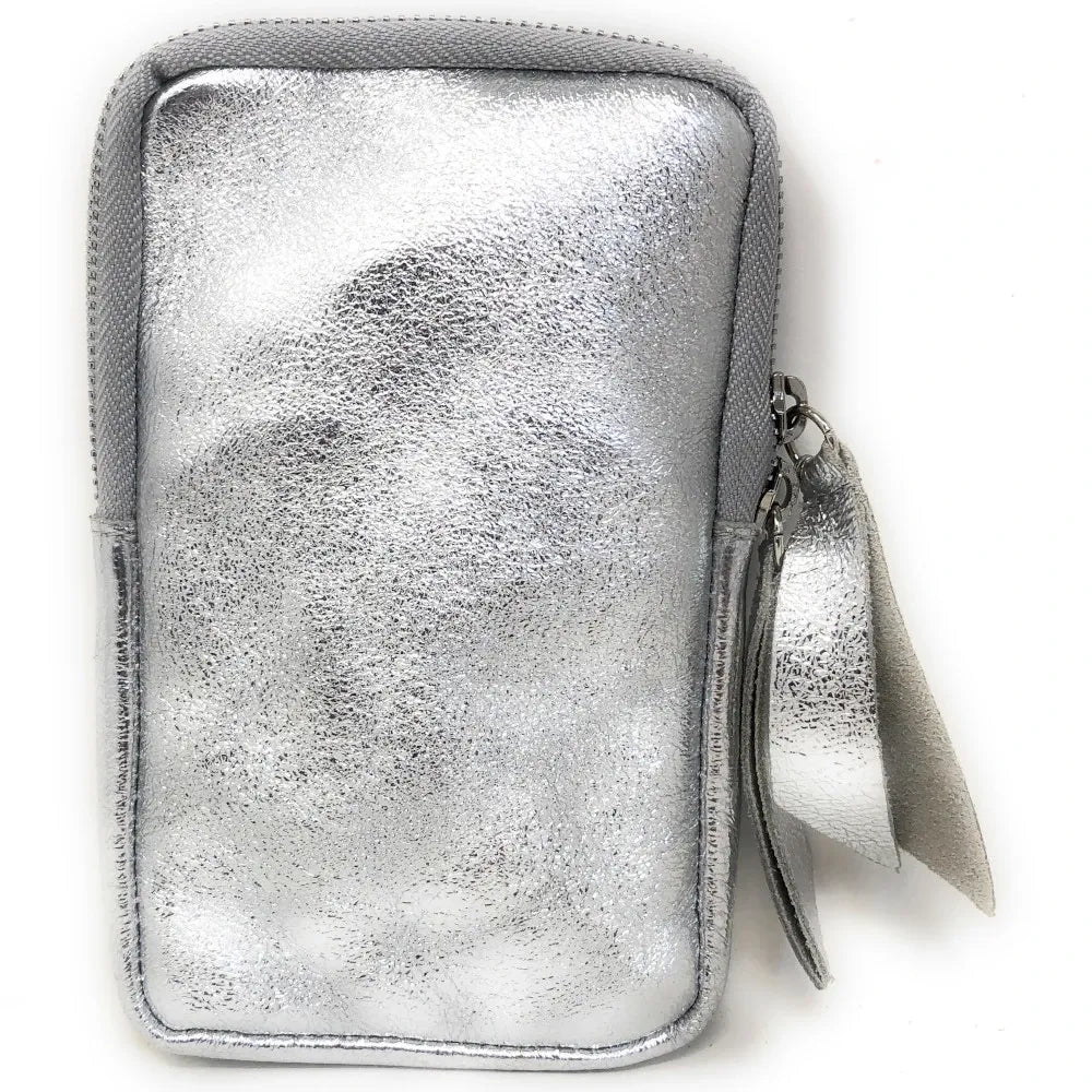 Pochette bandoulière en cuir irisé LOUVRE Argent clair