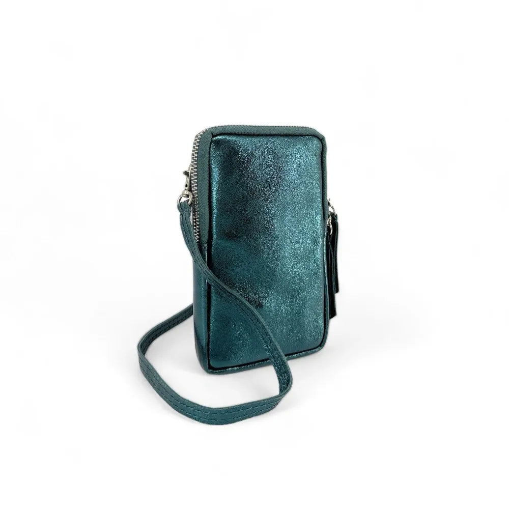 Pochette bandoulière en cuir irisé LOUVRE Bleu paon irisé