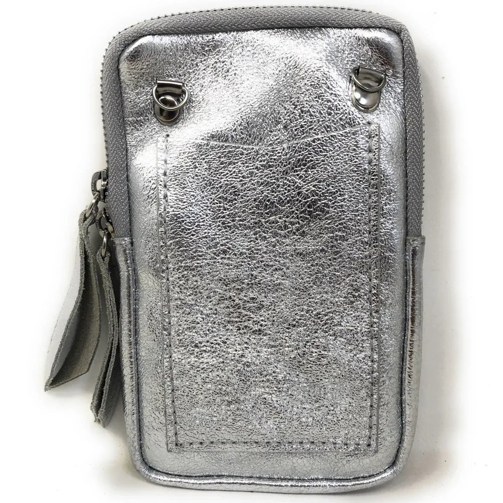Pochette bandoulière en cuir irisé LOUVRE Argent clair
